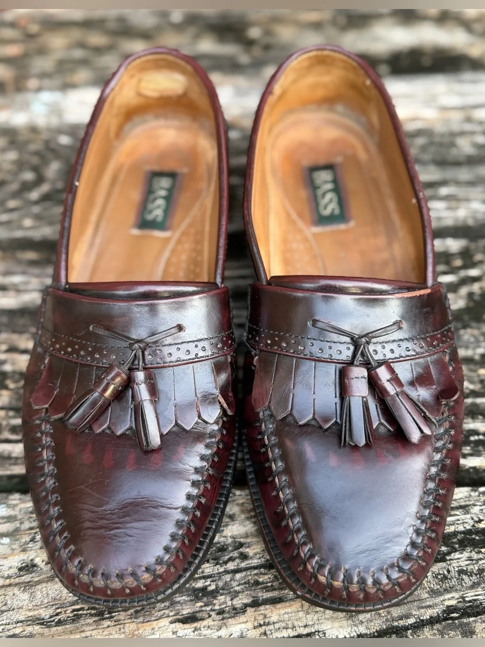 Vintage Bass Nelson Sz 10D Burgundy Leather Tassel Kiltie Loafers with Fringe P4